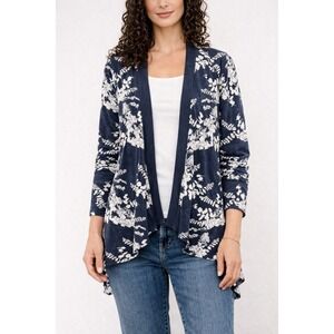 Belldini Womens XL Navy Blue White Floral Fern Open Front Cardigan Sweater